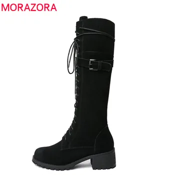 

MORAZORA 2020 newest high quality cow suede leather boots lace up round toe autumn winter boots fashion knee high boots women