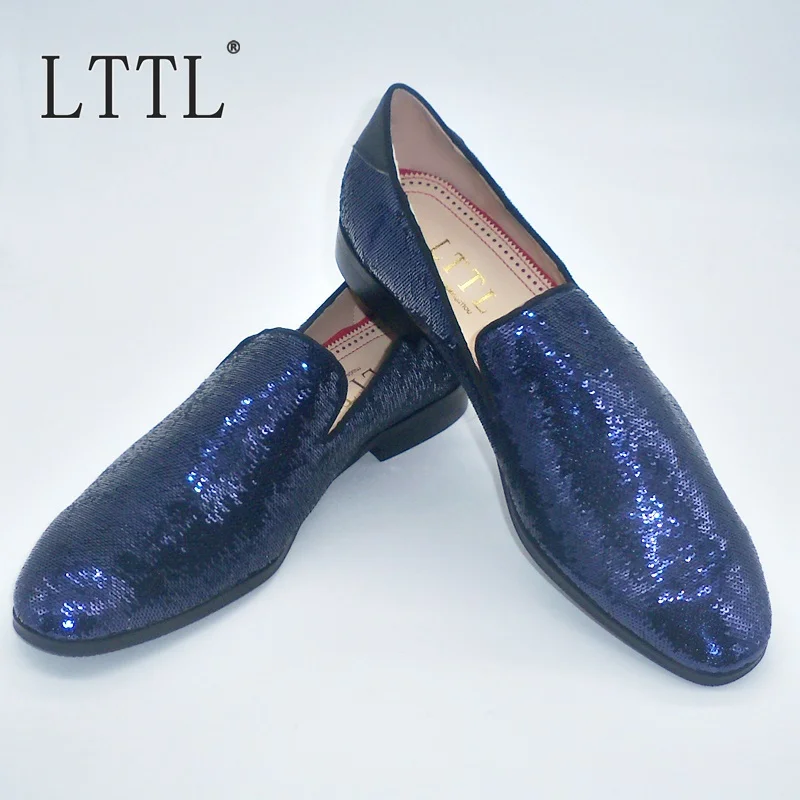

LTTL New Arrival Navy Blue Sequined Glitter Loafers Men Patchwork Leather Slip On Dress Shoes Luxury Prom And Wedding Shoes