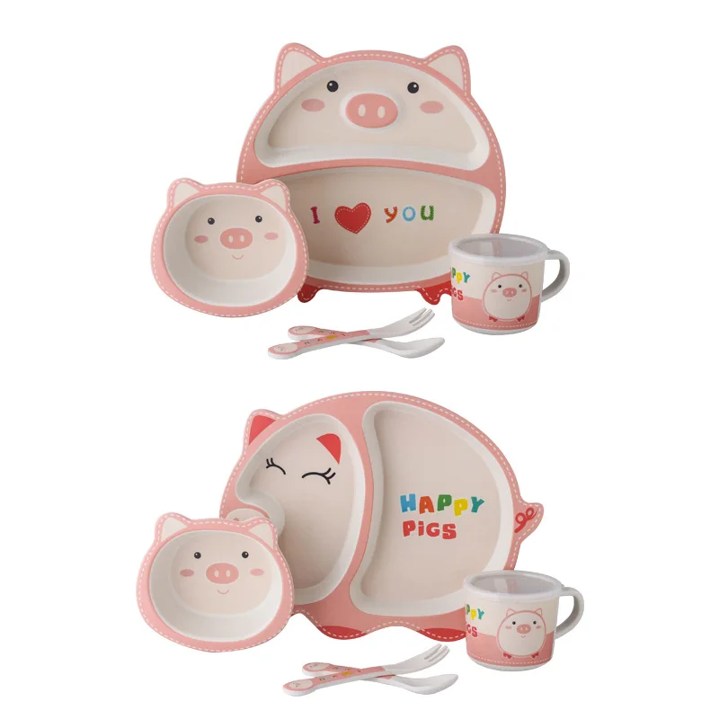 

5pcs/set Baby Tableware Cute Pig Children Feeding Dishes Kids Natural Bamboo Fiber Dinnerware With Bowl Fork Cup Spoon Plate