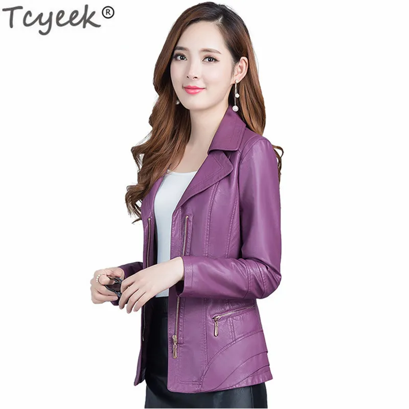 

Tcyeek Newest Fashion 2019 Spring Autumn Women's PU Leather Jacket Large Size of Female Clothing 5XL Elegant Slim Coat LWL386