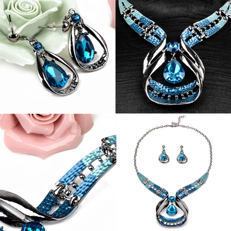 Austrian Crystal Jewelry Sets Fashion Blue Choker Collar Necklace dangle earring Jewellery Silver Plated Bridal Wedding Jewelry