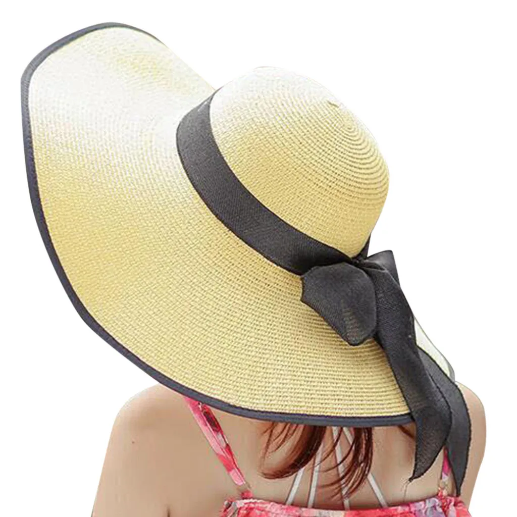 Спальное место#401 Новая мода Для женщин большой край соломенная Солнцезащитная шляпа гибкие широкие поля Шапки бантом складной пляжный Кепки Горячая