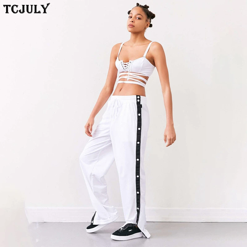 

TCJULY New Style Side Single Row Buttons Furcal Design Baggy Pants Women High Waist Elastic Wide Leg Pants Loose Casual Trousers