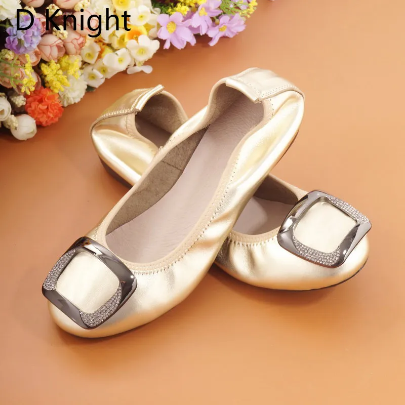 Comfortab Women's Flat Shoes Large Size 12 Genuine Ballet Leather Footwear for Women Csytal Metal Decoration Female Loafer Shoes (7)