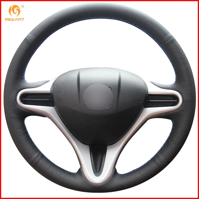MEWANT Black Genuine Leather Car Steering Wheel Cover for Honda Fit City Jazz 2009 2010 2011