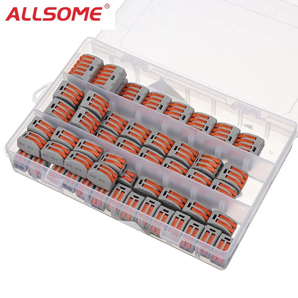 

ALLSOME 60Pcs 2/3/5 Holes Spring Conductor Terminal Block Electric Cable Wire Connector With Box HT2192
