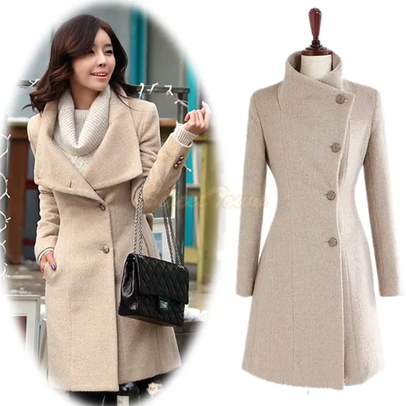 2015 Fashion Women Winter Coat Jackets Collect Waist Worsted Long ...