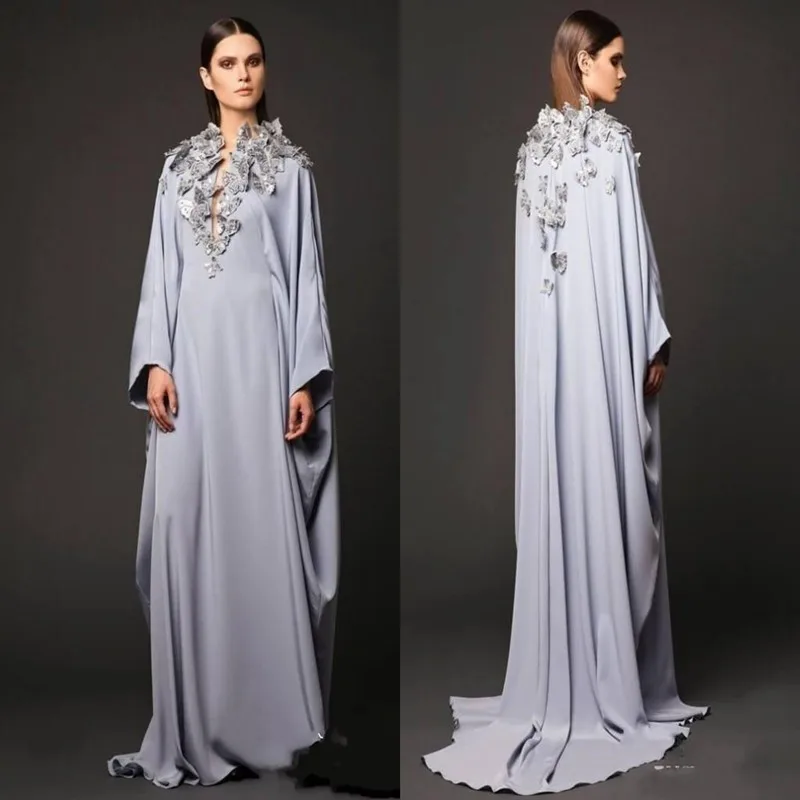 Hot Gray Sliver Dubai Kaftan Full Sleeve Appliques Arabic Abaya Evening Dress