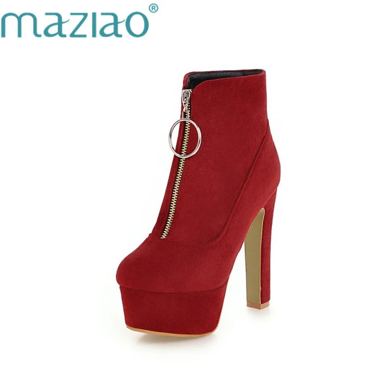 

MAZIAO Zipper Sexy Women Boots Fashion Platform high heels Black Red Ankle boots For Woman Flock Party Nightclub Ladies Shoes