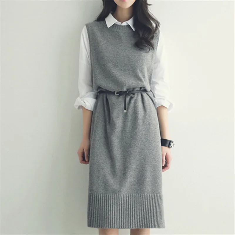 

Casual O-neck Long Knitted Sweater Dress Women Cotton Slim Sleeveless Dress Pullover Female Autumn Winter Dresses With Belt
