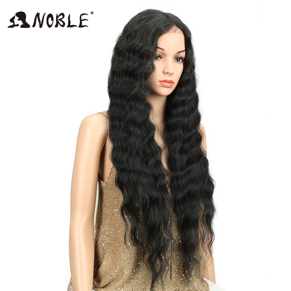 Noble Long Black Wig Deep Wave High Temperature Fiber Middle Part 30 Inch 150% Heavy Density Lace Front Synthetic Wigs For Women