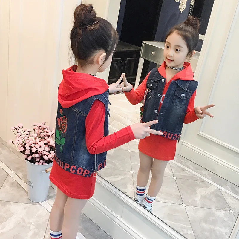 

Spring Girls Clothing Sets Cotton Brand Children Clothing Fashion Dress + Denim Vest 2Pcs Baby Clothes Girls 5-15Y