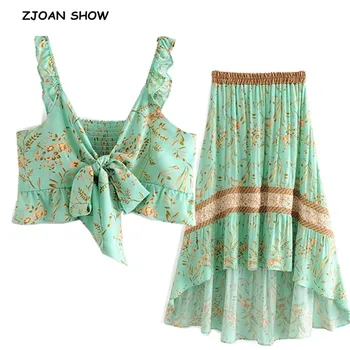 

2019 Bow Tide Ruffles Strap Floral Bra Tank Top Crop Top Sexy Women Elastic Waist Maxi Long Skirt Ruched Camis Tops 2 Pieces Set