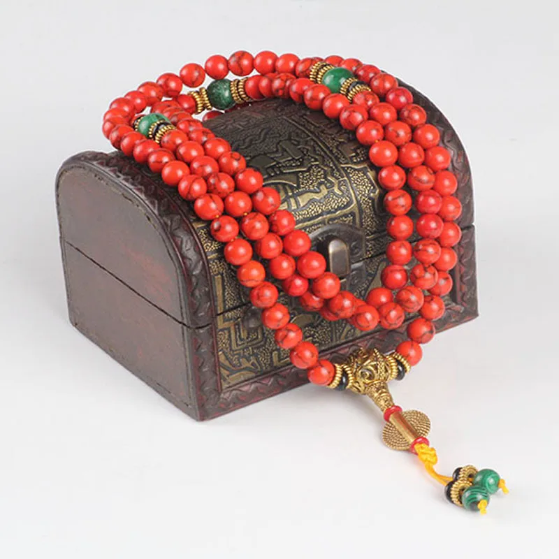 

Fashion Multilayer 108 Beads Red Stone Buddha Charm Prayer Beads Tibetan Mala Stretch Bracelet Wristband for Men Women Jewelry