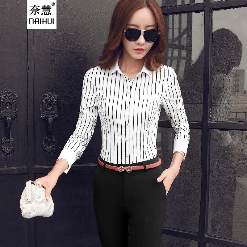 rayas Mujer elegante negro y blanco señora Oficina camisa de manga larga mujeres Tops|shirt long sleeve blouselong sleeve women - AliExpress