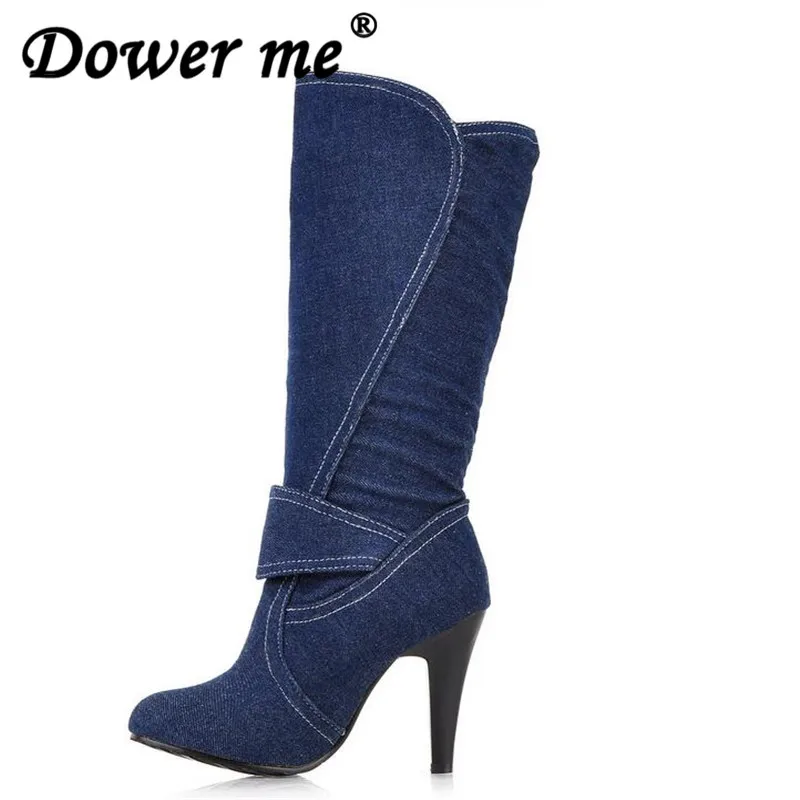 

2018 Women Spring Autumn Knee High Boots Spiked High Heels Buckle Strap Metal Round Toe Less Platform Blue Denim Boot size 34-41