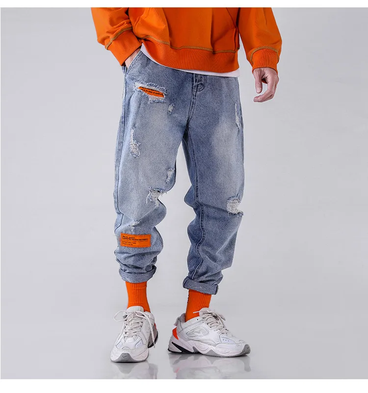 Мужские джинсы с дыркой персональные джинсы tide мужские прямые брюки контрастных цветов простые дикие повседневные брюки