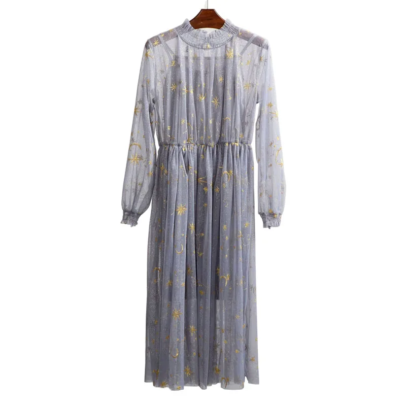 

PERHAPS U gray beige navy star moon embroidery mesh long sleeve stand collar midi elegant sweet party loose dress runway D0201