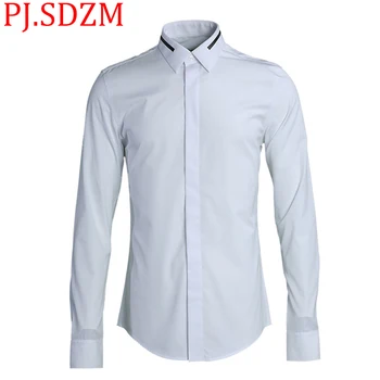 

2018 New Collar Embroidery One Parallel Bar Men's Shirts Fine Workmanship Solid Color Europe and America Slim Fit Full Sleeve