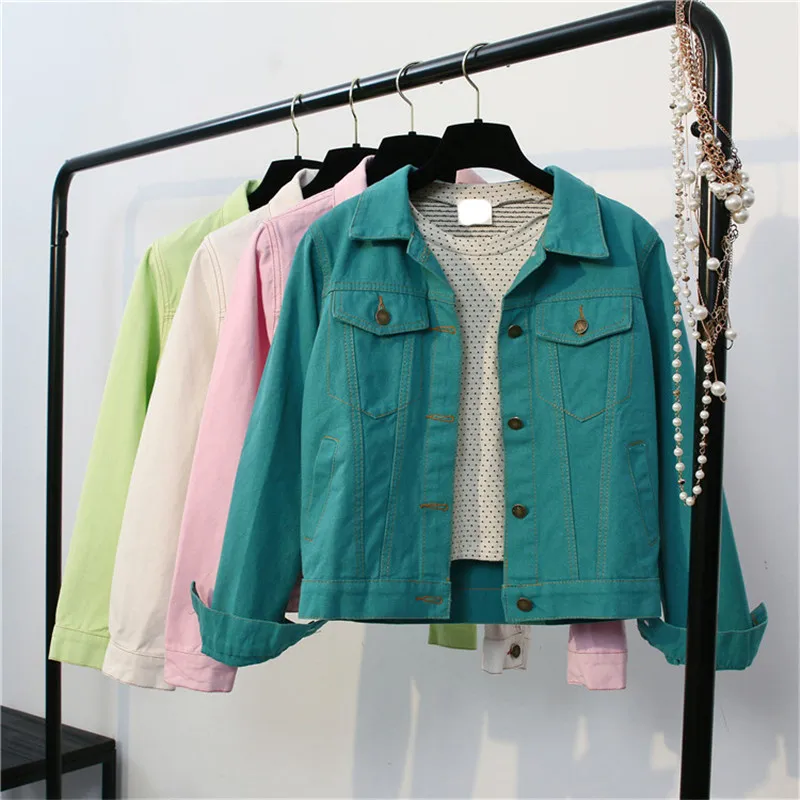 EXOTAO Women Candy Color Denim Jacket Casual Zip Up Casaco
