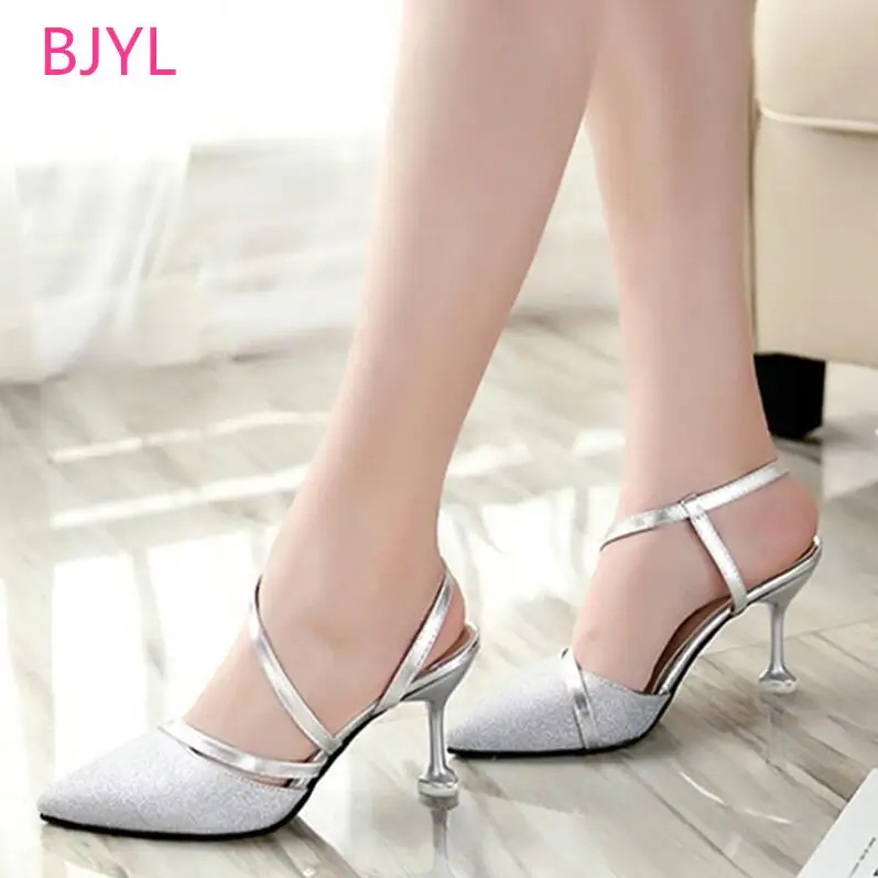 

BJYL One word buckle side hollow tip thin heel 2018 summer single-shoe 100 catch nightclub sexy girl shoes