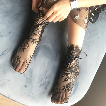 

Women Floral Lace Socks Transparent Embroidery Mesh Ribbon Socks Fishnet Sock Luxurious Eyelash Summer Lace Ribbon Women Socks