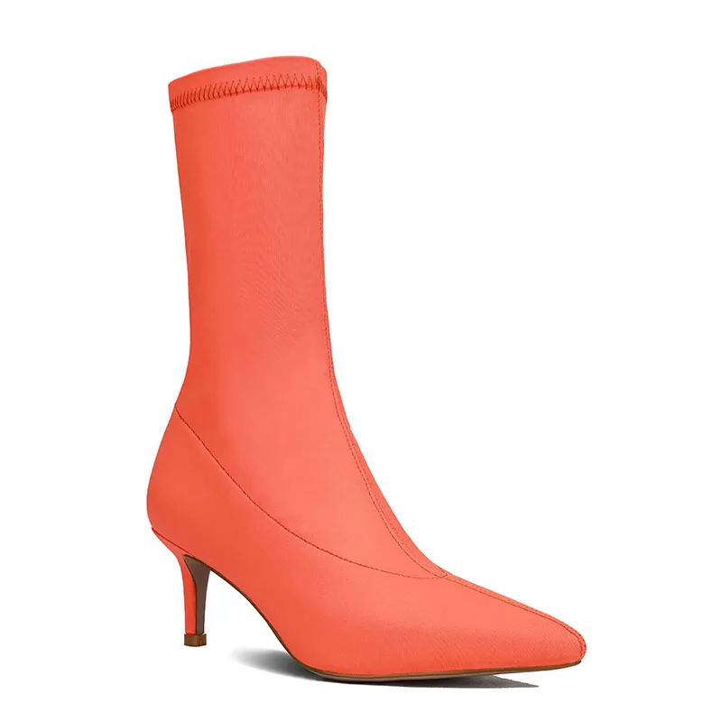 Новинка года; сезон весна-осень; роскошный дизайн; Легкие флуоресцентные сапоги-носки на тонком каблуке; женская пикантная обувь на высоком каблуке; женские Стрейчевые сапоги - Цвет: Оранжевый
