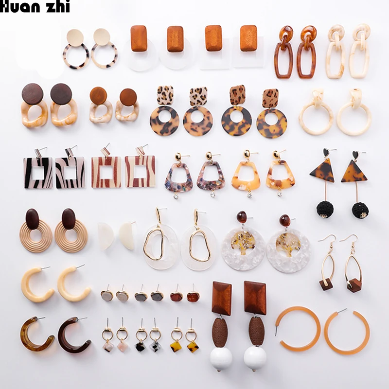 

HUANZHI Simple Exaggerate Acetate Geometric Circle Square Acrylic Tortoiseshell Leopard Wooden Long Drop Earrings for Women