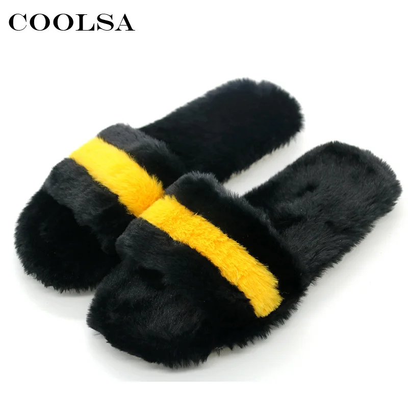 

Coolsa Winter Women's Fluffy Plush Slippers Striped Mixed Colors Flock Fur Slides Female Indoor Flip Flop Warm Cotton Slippers