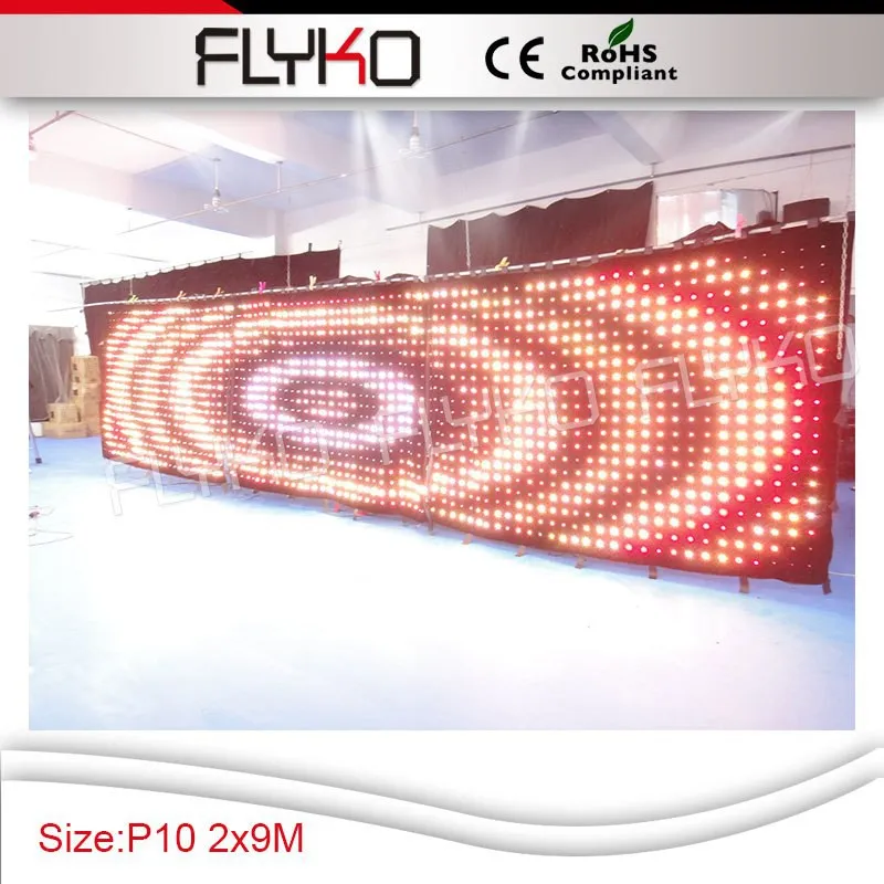 

high quality P10 2X9m/1800pcs / full color indoor or semi-outdoor led video curtain /PC controller/fireproof