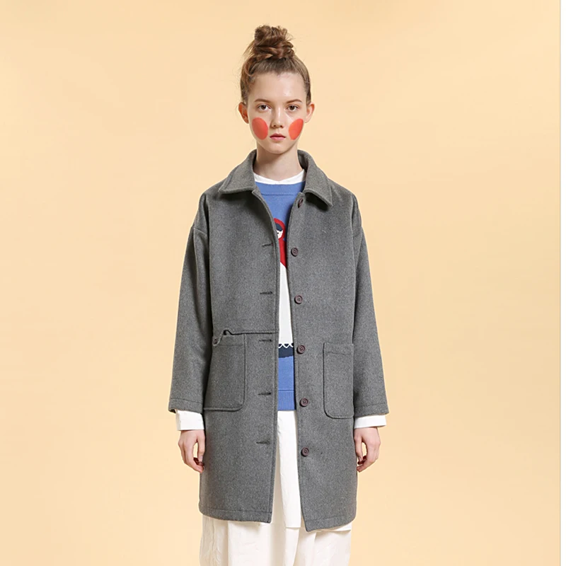 

Wool Coat High Quality Jacket Women Slim Woolen Long Blends Coats Gray Cartoon Embroidery Female Winter Coat Outwear 2017 Design