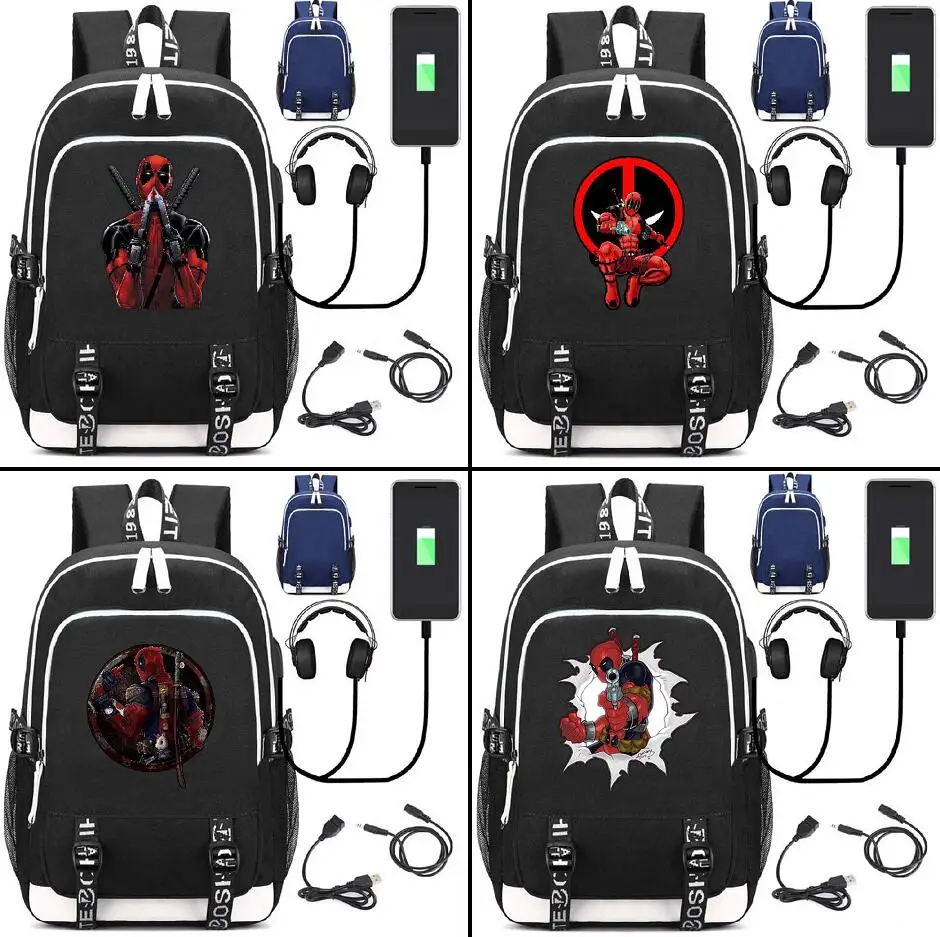 

Marvel Deadpool 2 Backpack Canvas Rucksack USB Charging Port knapsack Headphone interface College Student Laptop bag school bag