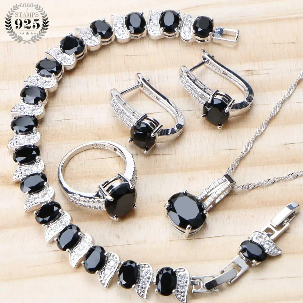 Bridal Silver 925 Jewelry Sets For Women Black Earrings Wedding Costume Jewelry Zircon Rings Bracelet Necklace Set Gifts Box - Окраска металла: Посеребренный