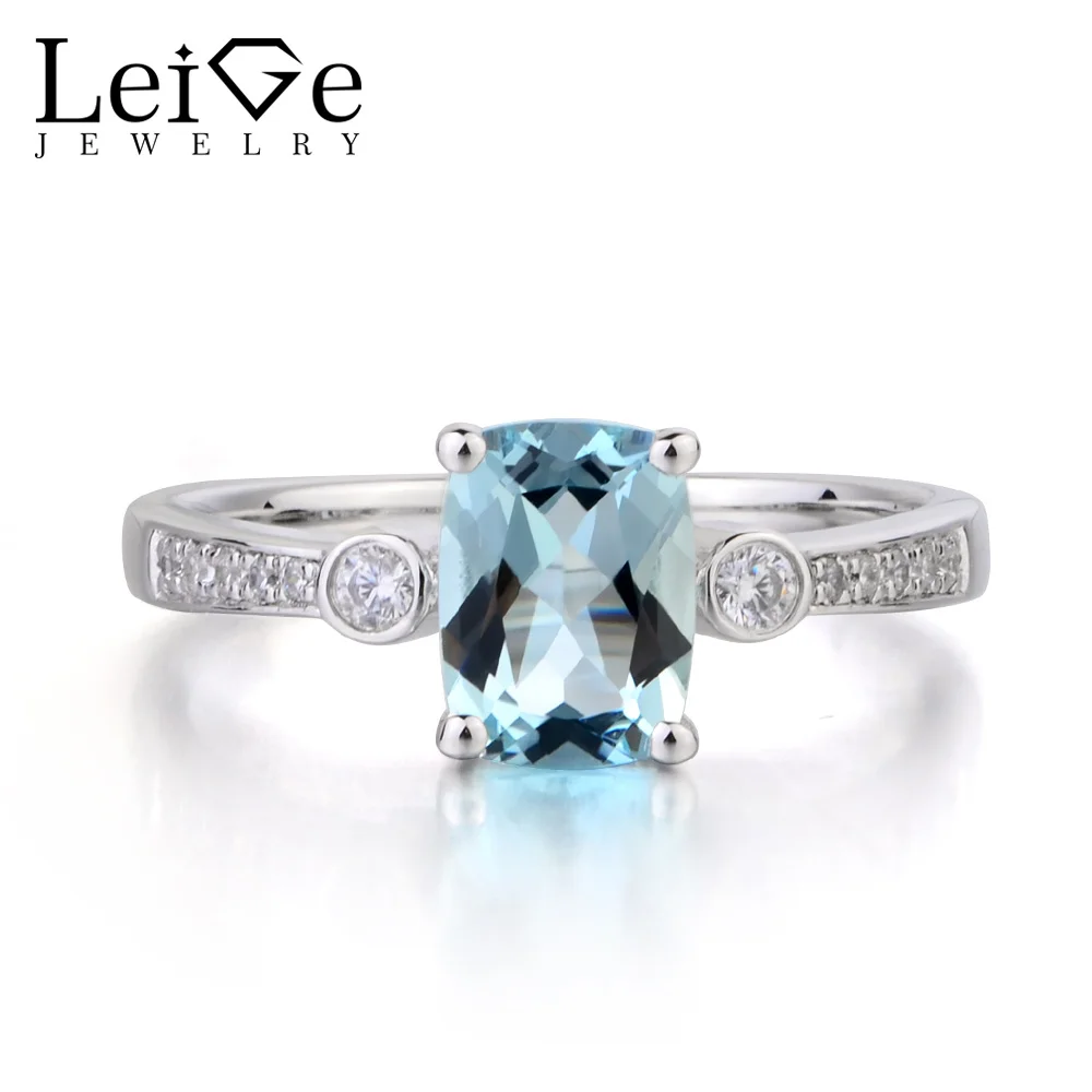 Leige Jewelry Natural Aquamarine Ring Cushion Cut Blue Gemstone March