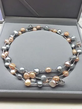 

New Noble 11-12MM Silver gray&with pink Baroque pearl necklace 32" Long AAA Sweater chain no box