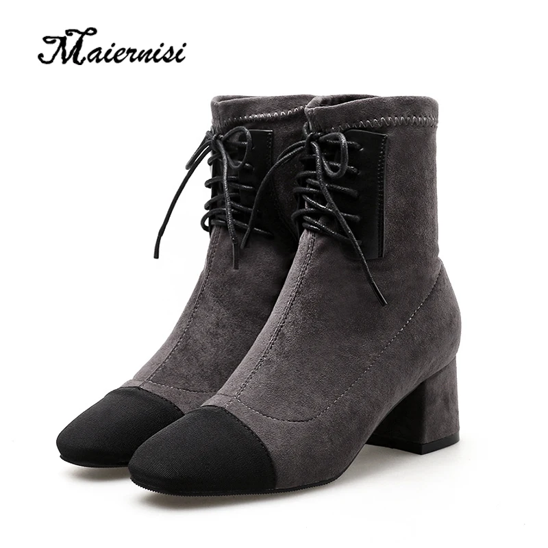 

MAIERNISI Fashion Women Boots Thick Heels Autumn Shoes Female Newest Pointed Toe Ladies Flock Shoe Brand Martin Boot Woman