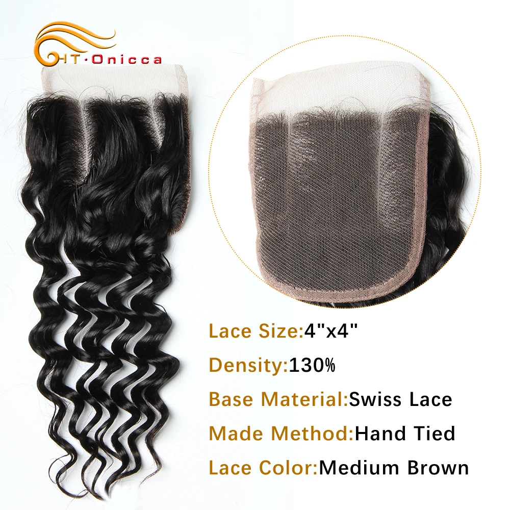 

Onicca Malaysian Deep Wave Closure 4x4 100% Human Hair Lace Closure Free Middle Three Part Non Remy Hair Natural Color