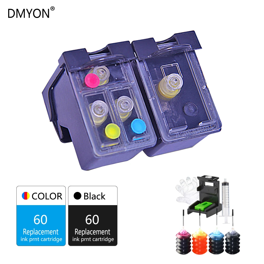 

DMYON Inkjet Replacement for HP 60 Refillable Ink Cartridge for Deskjet F2480 F2420 F4480 F4580 D2660 D2530 PhotoSmart C4680