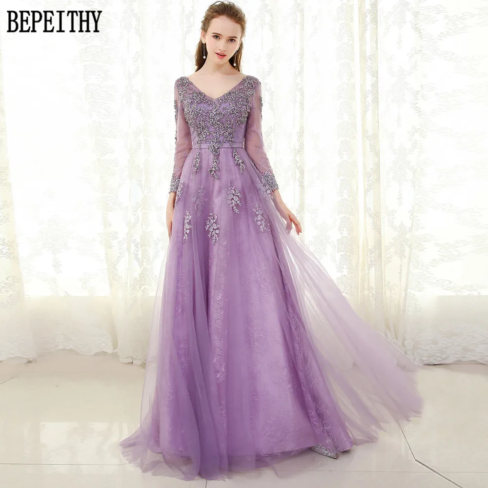 BEPEITHY vestido de festa Лавандовый А-силуэт Тюль v-образный вырез Бисер Аппликация вечернее платье Вечерние Элегантные Длинные Выпускные платья