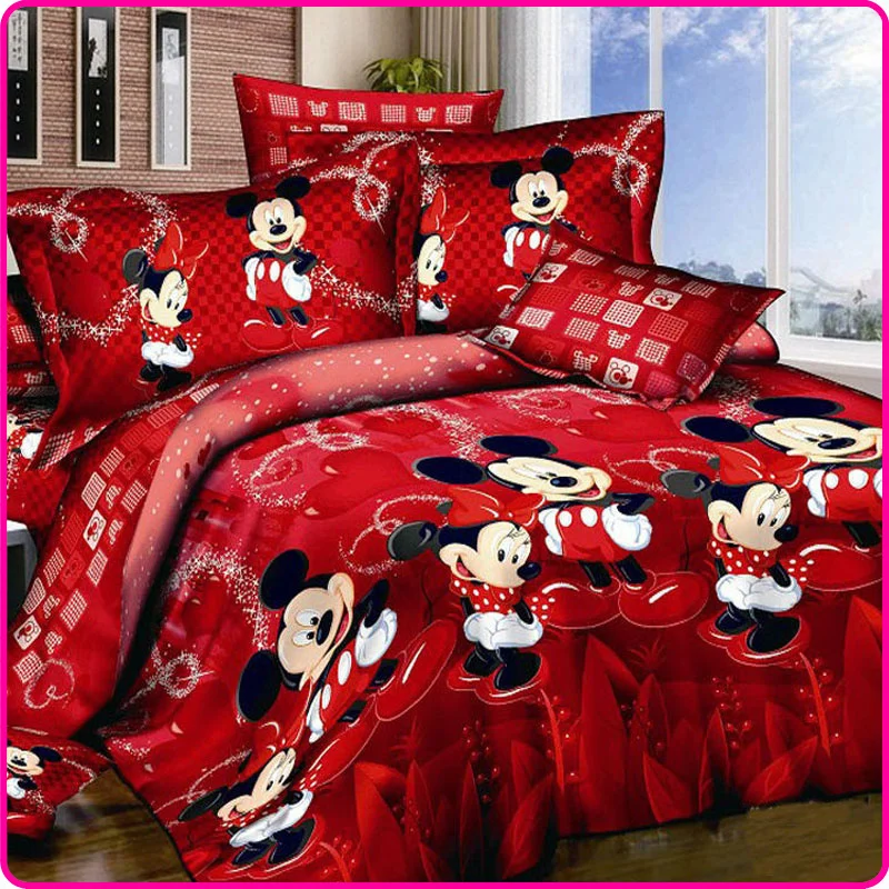 Red Mickey and Minnie Mouse King Queen Twin Cartoon 4PCS Bedding Set