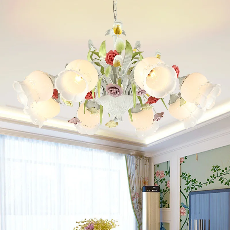 

American pastoral LED chandelier living room pendant lamps iron ceramic hanging lights flowers bedroom suspension luminaire