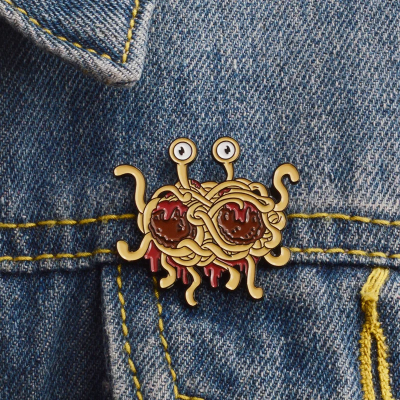 

Flying Spaghetti Freak Brooch Funny Pastafarianism Ramen Monster FSM Enamel Pin Hat Denim Fun Badge Friends Creative Gifts