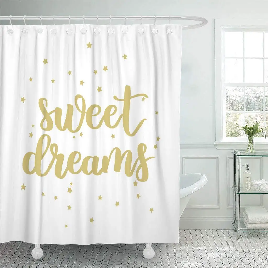 

Shower Curtain with Hooks Hand Written Lettering Quote Modern Calligraphy Phrase Sweet Dreams Gold Ink on White Bathroom Decor