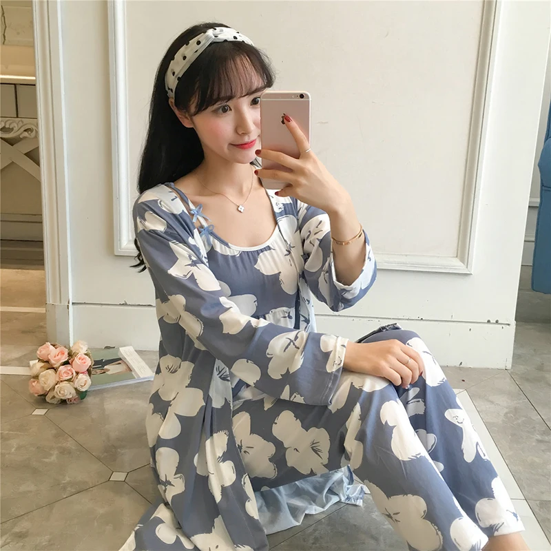 

YINSILAIBEI 3pcs/Set Spring/Autumn Ladies Long Pajamas Set Korea Style Floral Sleepwear Female Sexy Nightwear Home Clothing #0