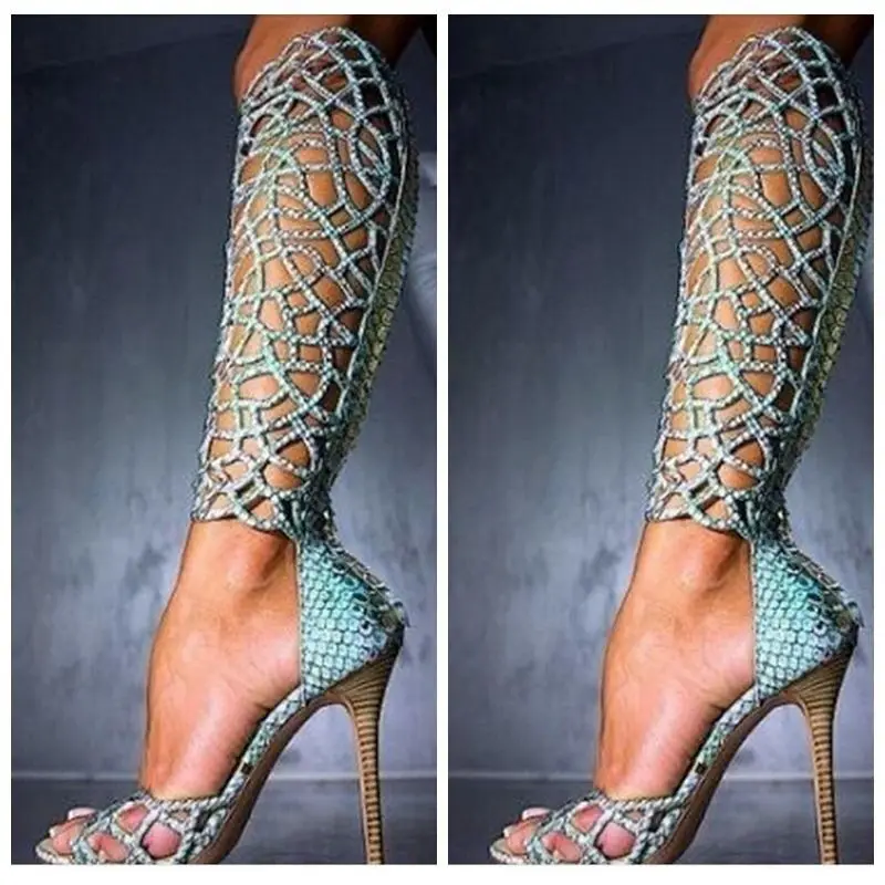 

Dipsloot Woman Luxury Blue Rhinestone Embellished Cut-outs Gladiator Sandals Boots Ladies Super Thin High Heels Knee High Boots