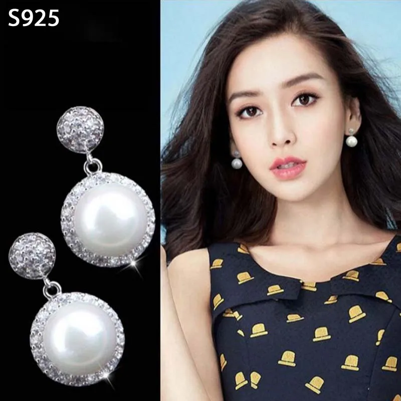 Женские серьги-гвоздики из настоящего чистого 925 пробы серебра, ювелирные изделия, женские серьги с жемчугом и кубическим цирконием