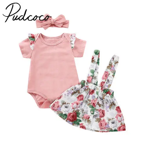 Милый Летний розовый комбинезон для новорожденных девочек топы юбка на бретелях
