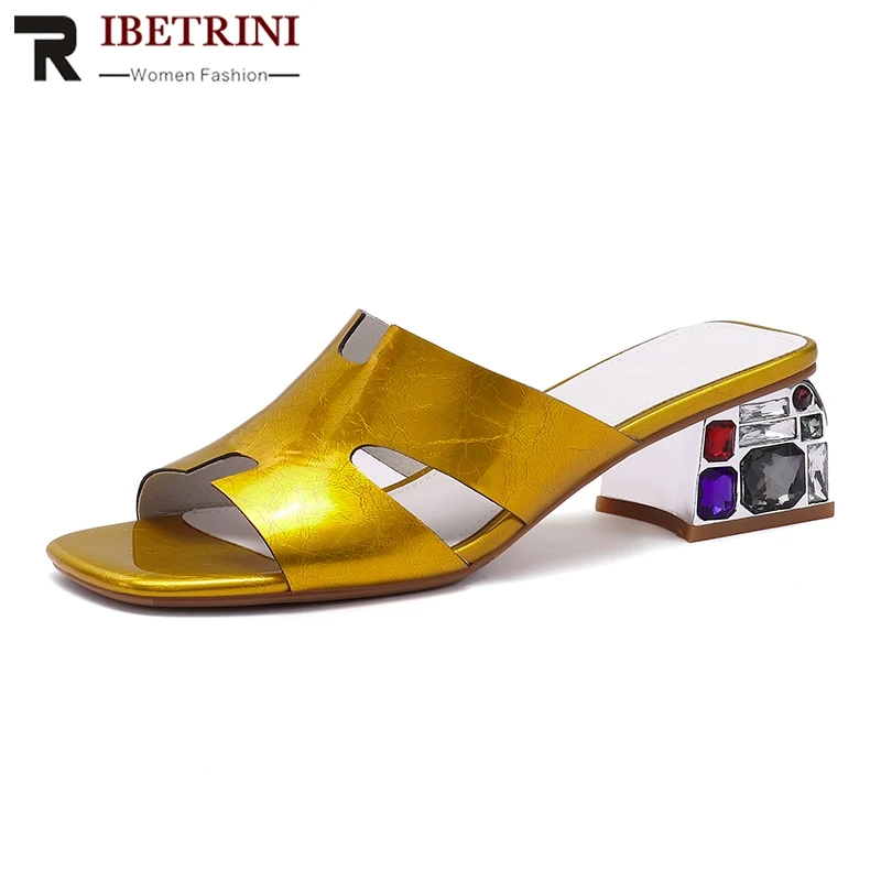 

RIBETRINI 2019 New Large Size 34-42 Brand Light Luxury Mules Women Summer Genuine Leather Heels Slippers Women Shoes Woman