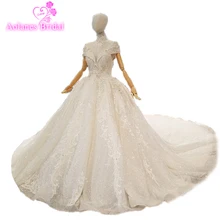 Real Picture Original Full Long Sleeves Skirt Big Puffy High Neck Beanding Tassel Lace Flowers Wedding Dress 2018 Custom Made