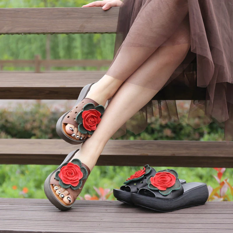 Г. женская летняя обувь из натуральной кожи на среднем каблуке женские сандалии шлепанцы ручной работы с цветами шлепанцы 9108-35
